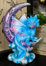 Pastel Blue Dream Baby Dragon Wyrmling Sitting On Purple Crescent Moon Figurine - £14.38 GBP