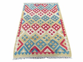 3x5 Kilim Rug Multicolor Tribal Kilim Rug 3 x 5 Tan Light Blue Red Beige... - $180.23