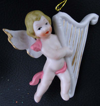 Bisque Angel Cherub With Harp Christmas Holiday Ornament Music - £8.66 GBP