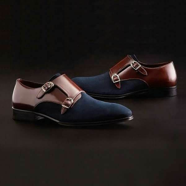 Two Tone Navy Blue Suede Brown Double Monk Strap Derby Toe Leather Shoes US 7-16