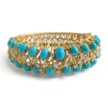 Vintage Cabochon Turquoise Diamond Bangle Bracelet 18K Yellow Gold, 73 Grams - £8,788.91 GBP