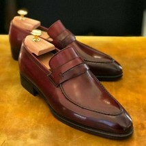New Men&#39;s Handmade Burgundy Leather Moccasin Shoes, Formal Penny Loafer Shoes - £103.43 GBP+