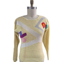 Vtg 80s 90s Adele Barre Ramie Blend Yellow Intarsia Sweater Abstract Met... - €32,76 EUR