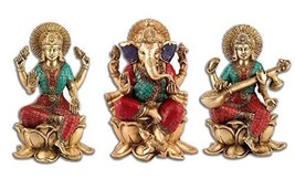 Ganesha brass statue laxmi Saraswati set of 3 - height 9.5 inches - £892.56 GBP