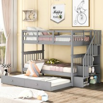 Twin-Over-Twin Bunk Bed with Twin size Trundle for Bedroom - Gray - £490.89 GBP