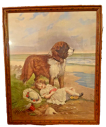 Vintage On Guard Saint Bernard Watching As Girl Sleeps On Beach Art Print - $28.50