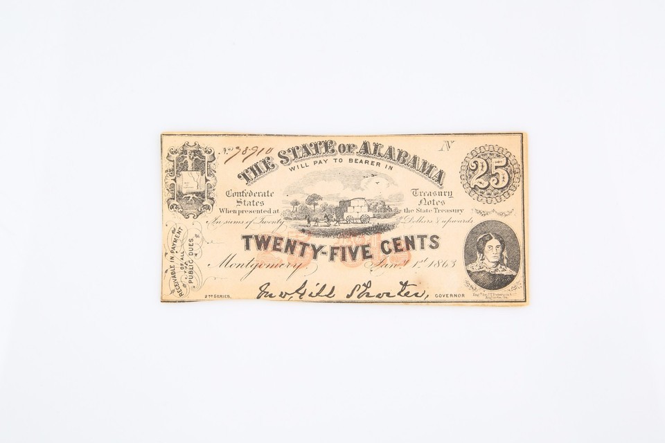 1863 State of Alabama Twenty-Five Cents confederate Fractional Currency Item image 3