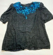 Vintage Women&#39;s 2X Black Beaded Sequin teal Top Formal Party Wear - £23.59 GBP