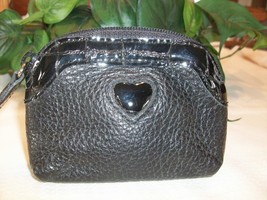 Brighton Pebbled Leather Mini Zip Coin Purse Leopard Cheetah Lining Black Heart - £14.94 GBP