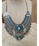 mark. BY AVON Statement Necklace Oval Faux Turquoise Silver Tone W/ Charms 18" - $34.64
