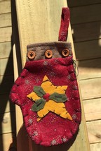 7D3915  - Christmas Felt Mittens Burgundy with Holly and Gold Star  - $2.50