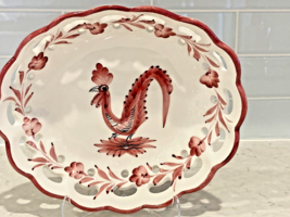 Italy Majolica Red pink Rooster Ceramic Pottery dish Bowl  lace lattice Edge - £17.49 GBP