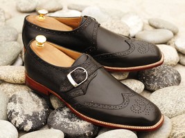 Handmade Men&#39;s Black Leather Wing Tip Brogue Monk Strap Shoes, Men Dress Shoes - £114.66 GBP