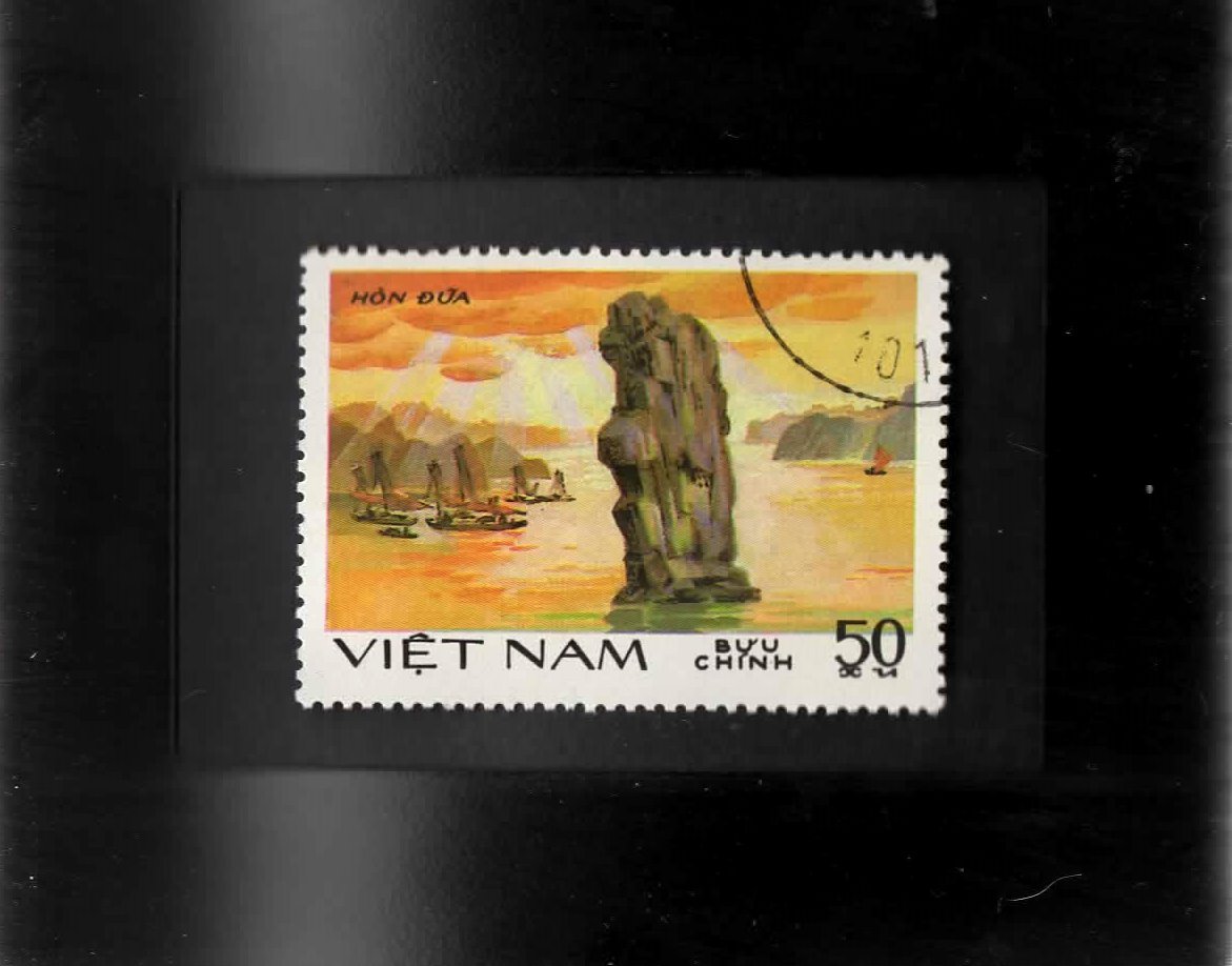 Tchotchke Framed Stamp Art - Asian View - Viet Nam River Scene - $7.99