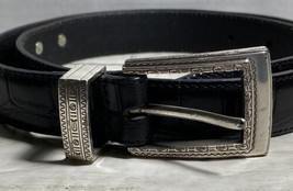 Brighton Classics Black Croc Embossed Belt Silver Medallions &amp; Buckle ML 32 - £15.85 GBP