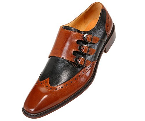 Men Two Tone Monk Triple Buckle Strap Brown Black Wing Tip Vintage Leather Shoes