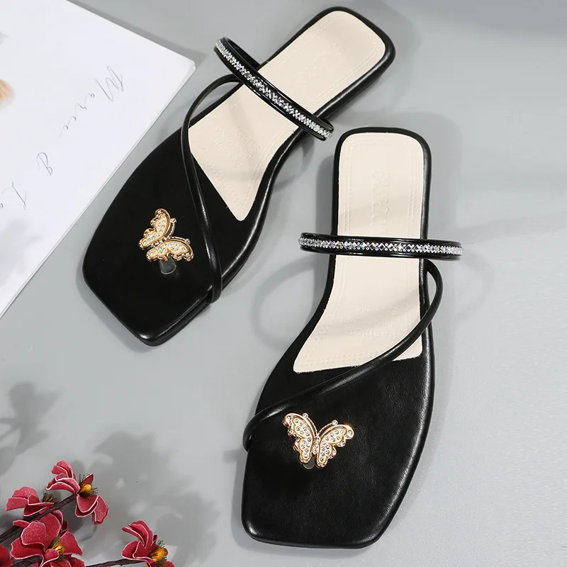 Shoes Slippers Women Summer Fashion Square Head  Flip Flops with Rhinestone Flat - $58.16