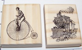 Travel Rubber Stamp 2 Vintage Bicycle &amp; Train new mounted rubber stamps Father&#39;s - £11.19 GBP