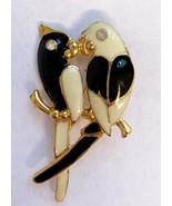 Vintage Brooch Pin Black &amp; White Enamel Gold Trim Parrots w Jeweled Eyes - €12,73 EUR