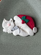 Large White Polymer Sleeping Kitty Cat w Tiny Gray Mouse &amp; Red Santa Claus Hat - £15.54 GBP