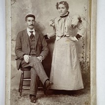 c1880 Cabinet Card Couple Studio Photo Man Moustache Woman High Neck Puff Sleeve - £20.00 GBP