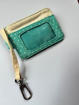 Thirty-One Small Cream &amp; Turquoise Polka Dot Small Canvas Coin Purse w ID Window - £7.35 GBP