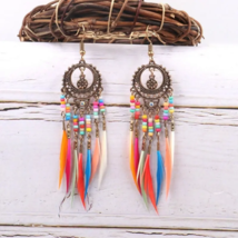 Goldtone Boho Colorful Long Beads Feather Tassels Drop Earrings - New - £11.84 GBP