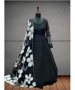 Designer black partywear anarkali dress with printed dupatta set for wom... - $843.99 MXN
