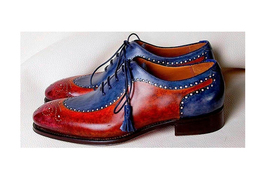 New Men&#39;s Two tone oxfords shoes, Men Blue burgundy brogue shoe, dress O... - £119.52 GBP