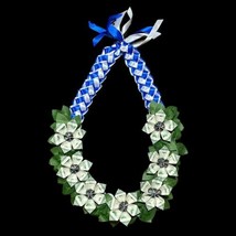 Graduation Money Lei 7 Flower w/leaves New Bills Blue  &amp; White Braided Ribbons - £84.50 GBP