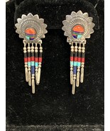 QUOC QT Sterling Silver Zuni Mosaic Pierced Dangle Drop Earrings Turquoi... - $819.27 MXN