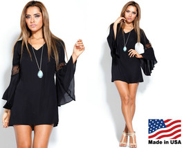 Women&#39;s Sexy Boho Black Cutout Bell Sleeve Shift Mini DressTunic Hippie ... - £36.05 GBP