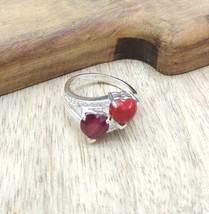 Red Heart Ring, Cute Heart Ring Women, Tiny Heart, Silver Gold Band, Multi-Stone - £67.41 GBP