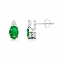 Natural Emerald Oval Stud Earrings with Diamond in 14K Gold (Grade-AAA, 6x4MM) - £1,210.71 GBP