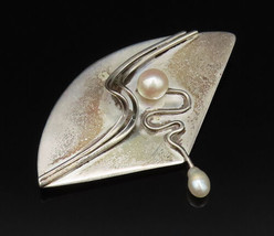 925 Sterling Silver - Vintage Modernist Fresh Water Pearl Brooch Pin - B... - £54.78 GBP