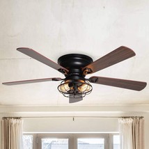 48&quot; Low Profile Metal 5-blade Ceiling Fan with Remote Black Rustic Wood Blades - £106.41 GBP