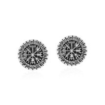 Unique Viking Compass or Vegvisir Round Sterling Silver Stud Earrings - £18.98 GBP