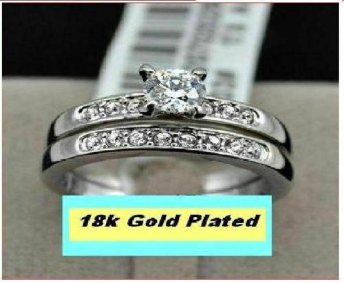 18k Gold Plated CZ Accent Wedding/engagement solitaire Ring Set - size 6.5, 9 - £20.65 GBP