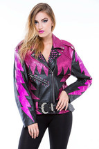 Women Two Tone Shocking Pink Black Cont Biker Leather Small Studs Belted Jacket - $176.39