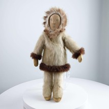 Vintage  Eskimo Doll Carved Wood Fur Coat leather moccasins 10.5&quot; - £102.18 GBP