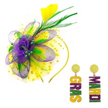 Mardi Gras Feather Headband for Women with Earrings Faux Feather Headpie... - $26.08