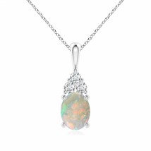 ANGARA 9x7mm Natural Opal Solitaire Pendant Necklace with Trio Diamond in Silver - £411.54 GBP+