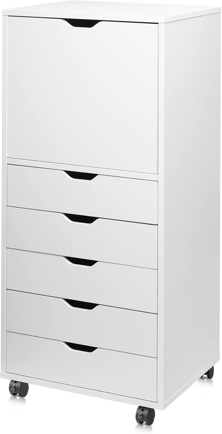 Devaise 5 drawer wood dresser with top cabinet storage mobile chest of