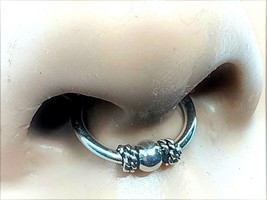 Nose Ring Bali Tribal Ball Coil Hinged Ring 10mm 22g (0.6mm) 925 Silver Earring - £5.69 GBP