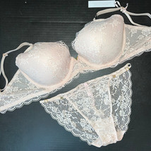 Nwt Victoria&#39;s Secret 36DDD Bra Set M String Panty Ice Pink Lace Cloud - £63.22 GBP