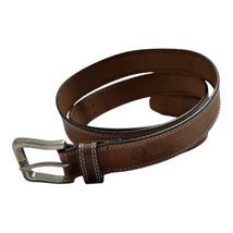 Y2K Timberland Brown Leather Belt 46 Inch Contrast Stitch Logo Buckle - $25.20