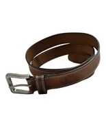 Y2K Timberland Brown Leather Belt 46 Inch Contrast Stitch Logo Buckle - $25.20