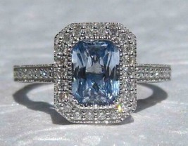 3Ct Emerald Simulated Blue Sapphire &amp; Diamond Engagement Ring 14K WGold Plated - £58.38 GBP