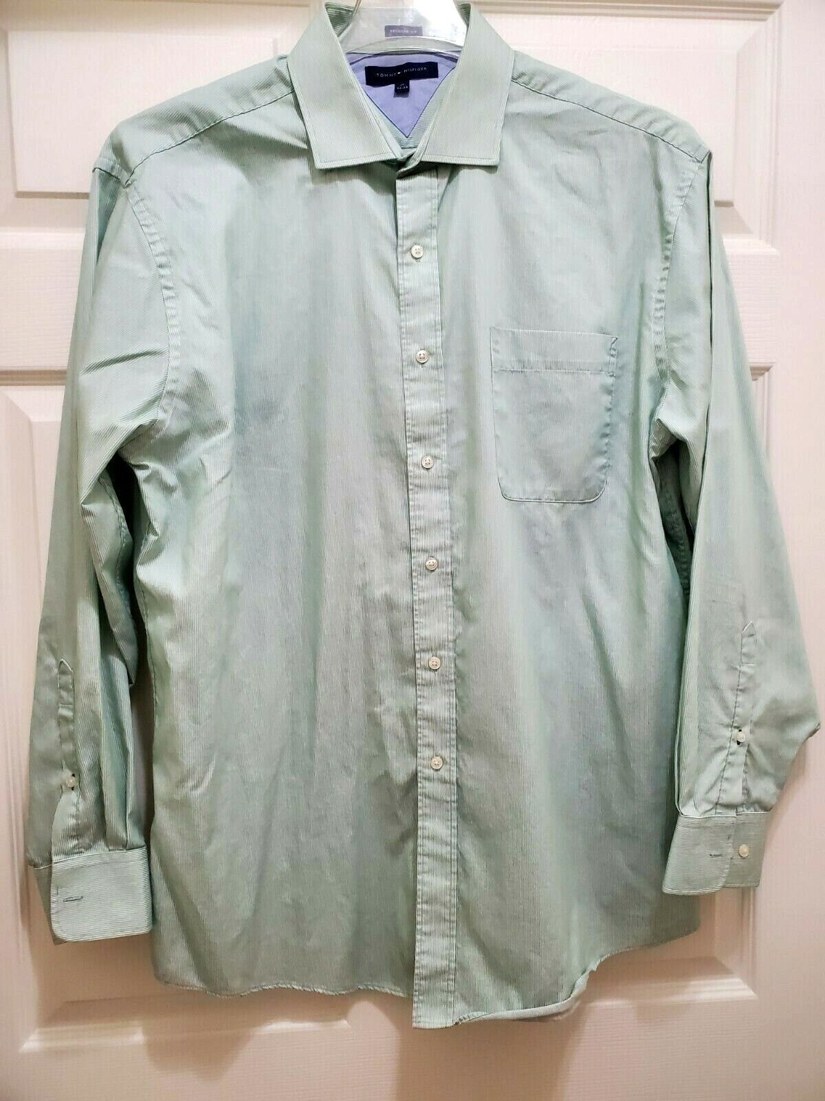 Primary image for Tommy Hilfiger Men's Size L 34-35 3 Long-Sleeve Dress Shirt Green White
