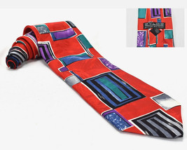 Vintage Zylos George Machado Silk Necktie Tie Red Geometric Print Made USA - £27.14 GBP